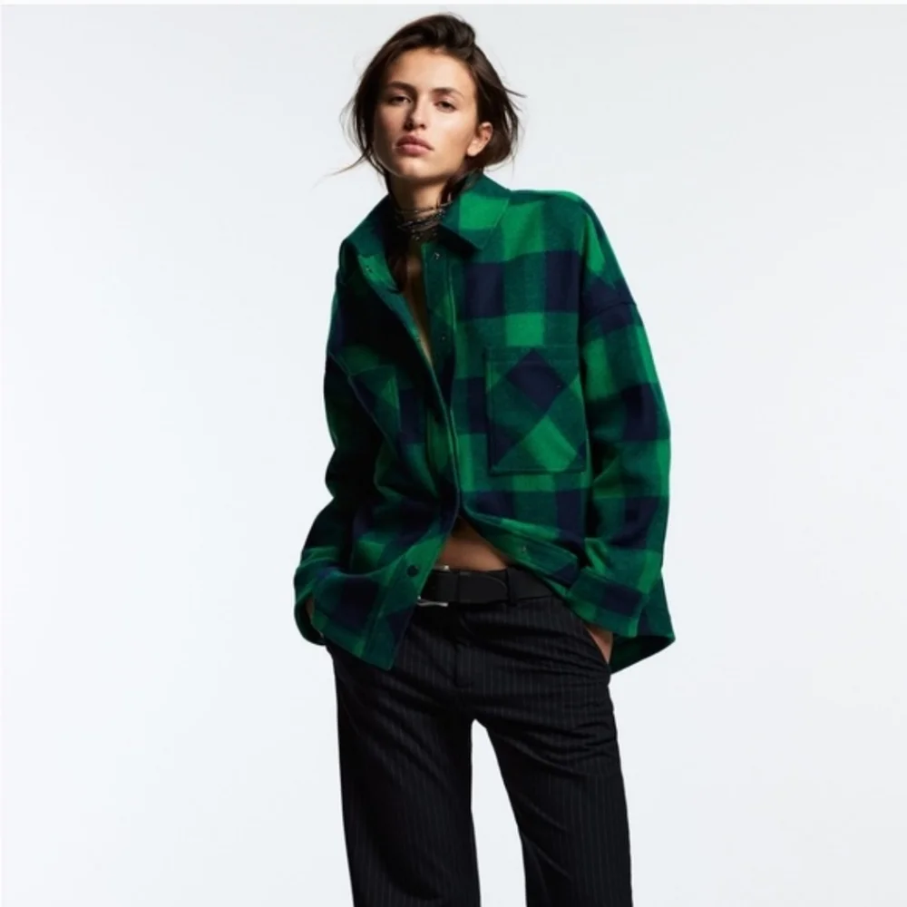 Zara Buffalo Plaid Jacket Green Navy Shacket Winter Thick Flannel Street Wear